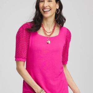 Chico's Touch of Cool™ Crochet Lace Square-Neck Tee Size 2 / L Pink